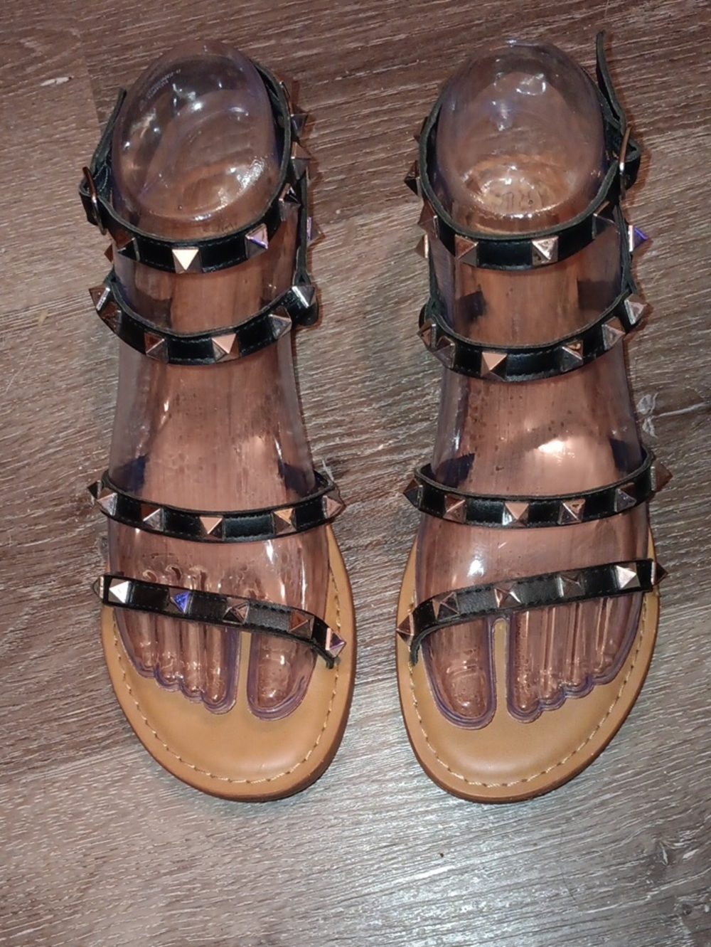 Time and Tru Black Studded Gladiator Sandals with Tan Footbed